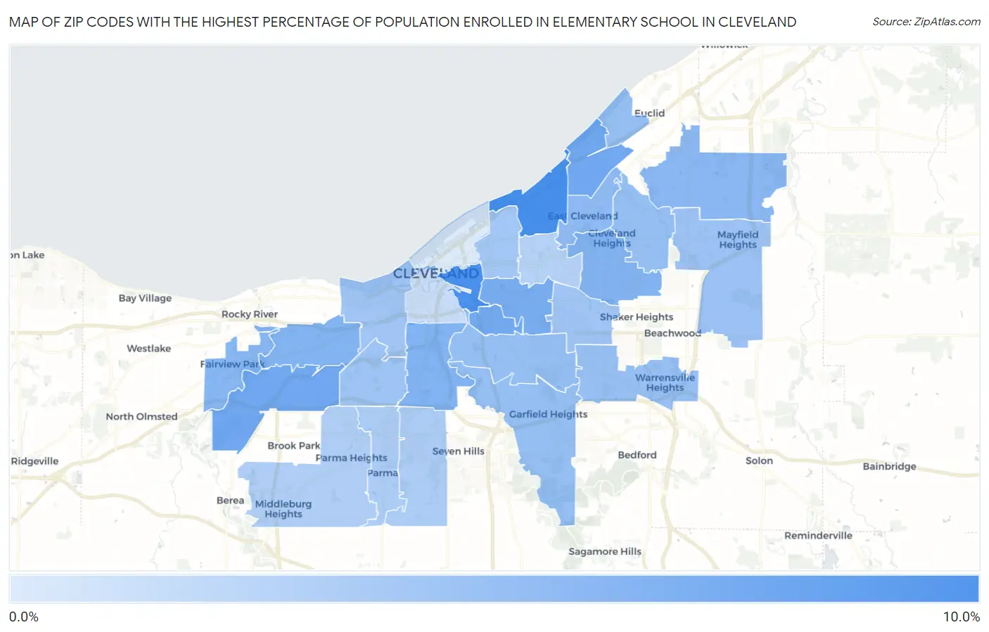 Zip Codes with the Highest Percentage of Population Enrolled in Elementary School in Cleveland Map