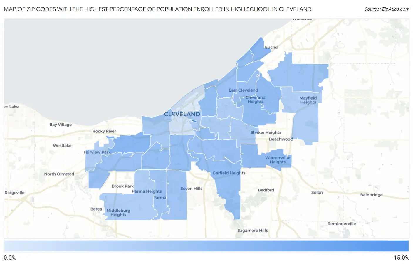 Zip Codes with the Highest Percentage of Population Enrolled in High School in Cleveland Map