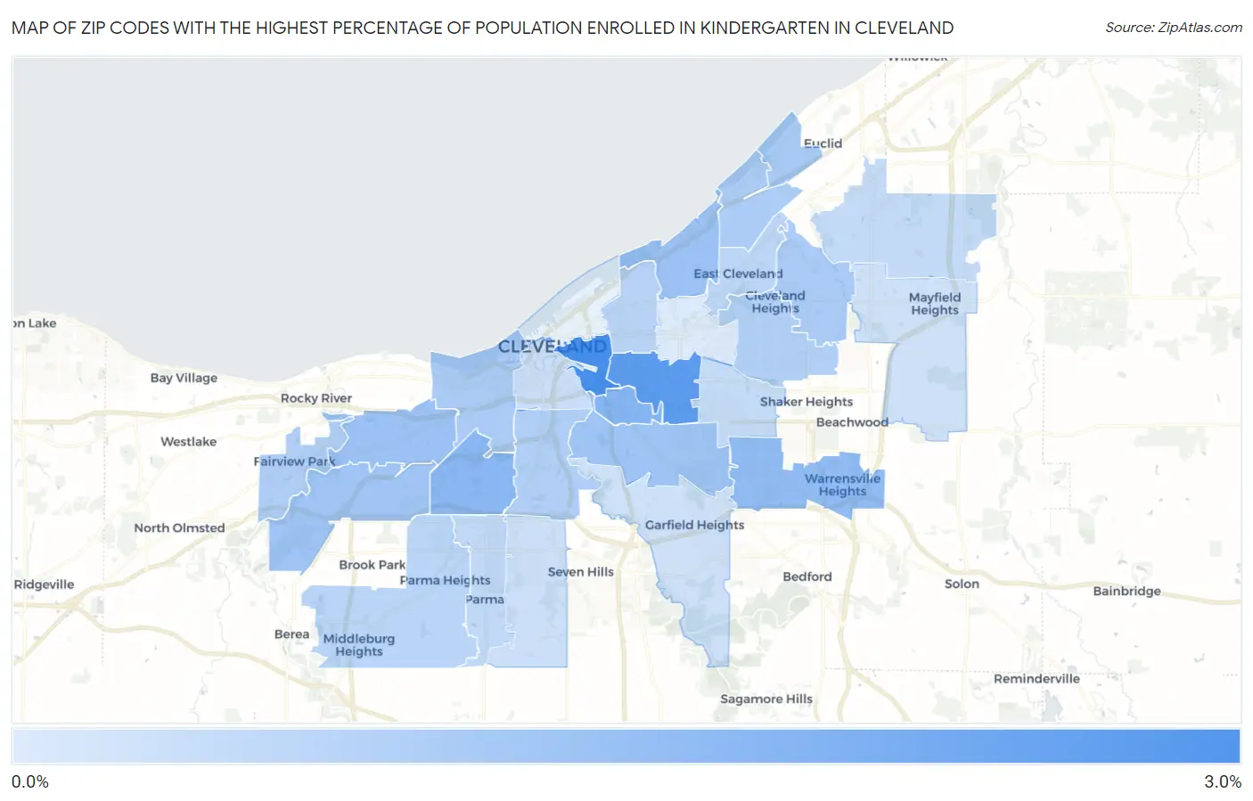 Zip Codes with the Highest Percentage of Population Enrolled in Kindergarten in Cleveland Map