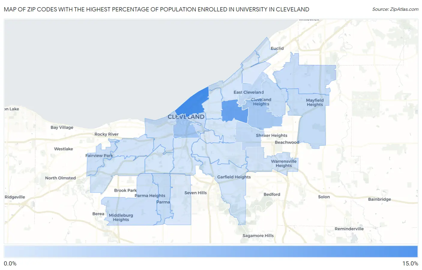 Zip Codes with the Highest Percentage of Population Enrolled in University in Cleveland Map