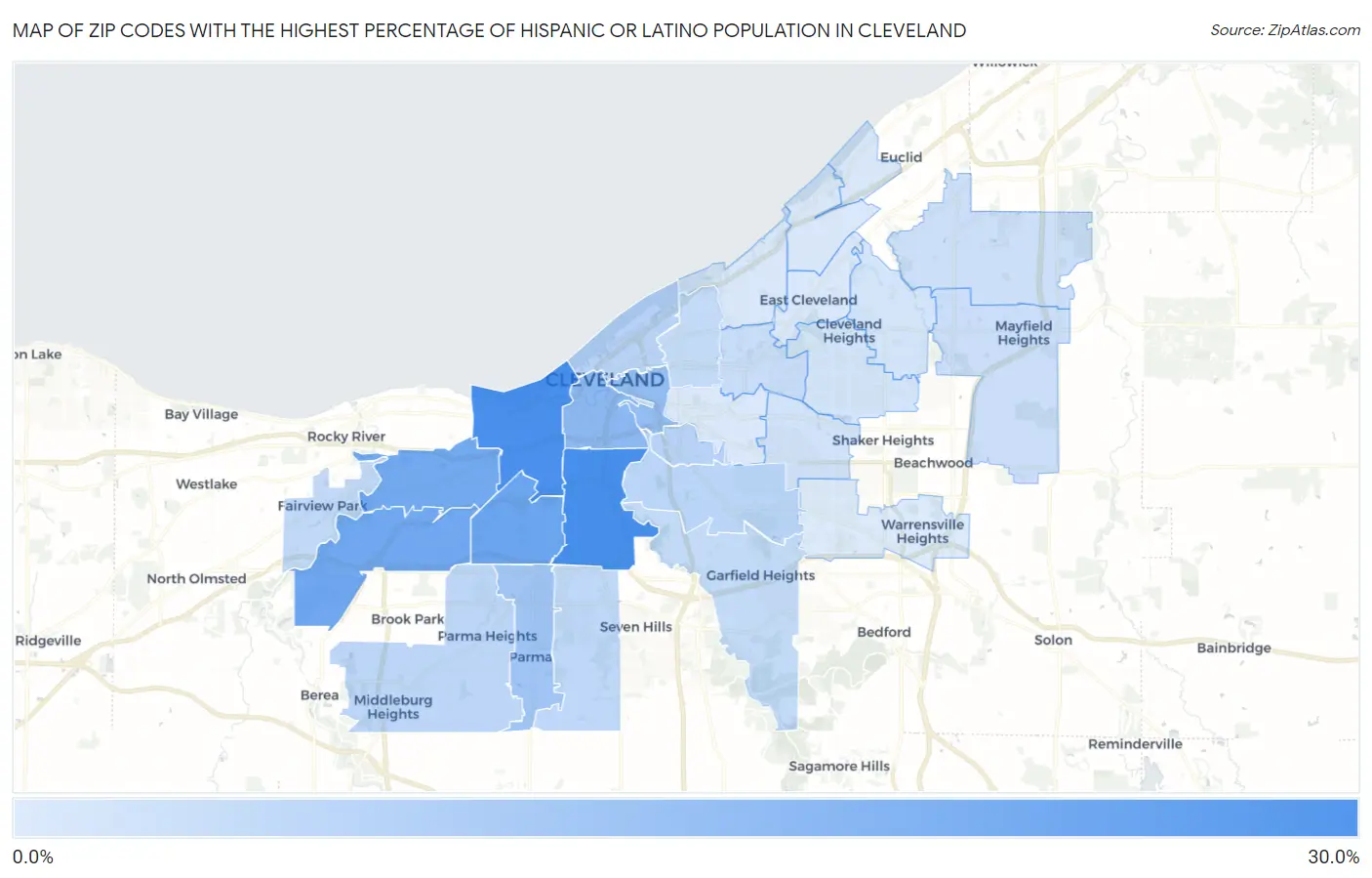 Zip Codes with the Highest Percentage of Hispanic or Latino Population in Cleveland Map