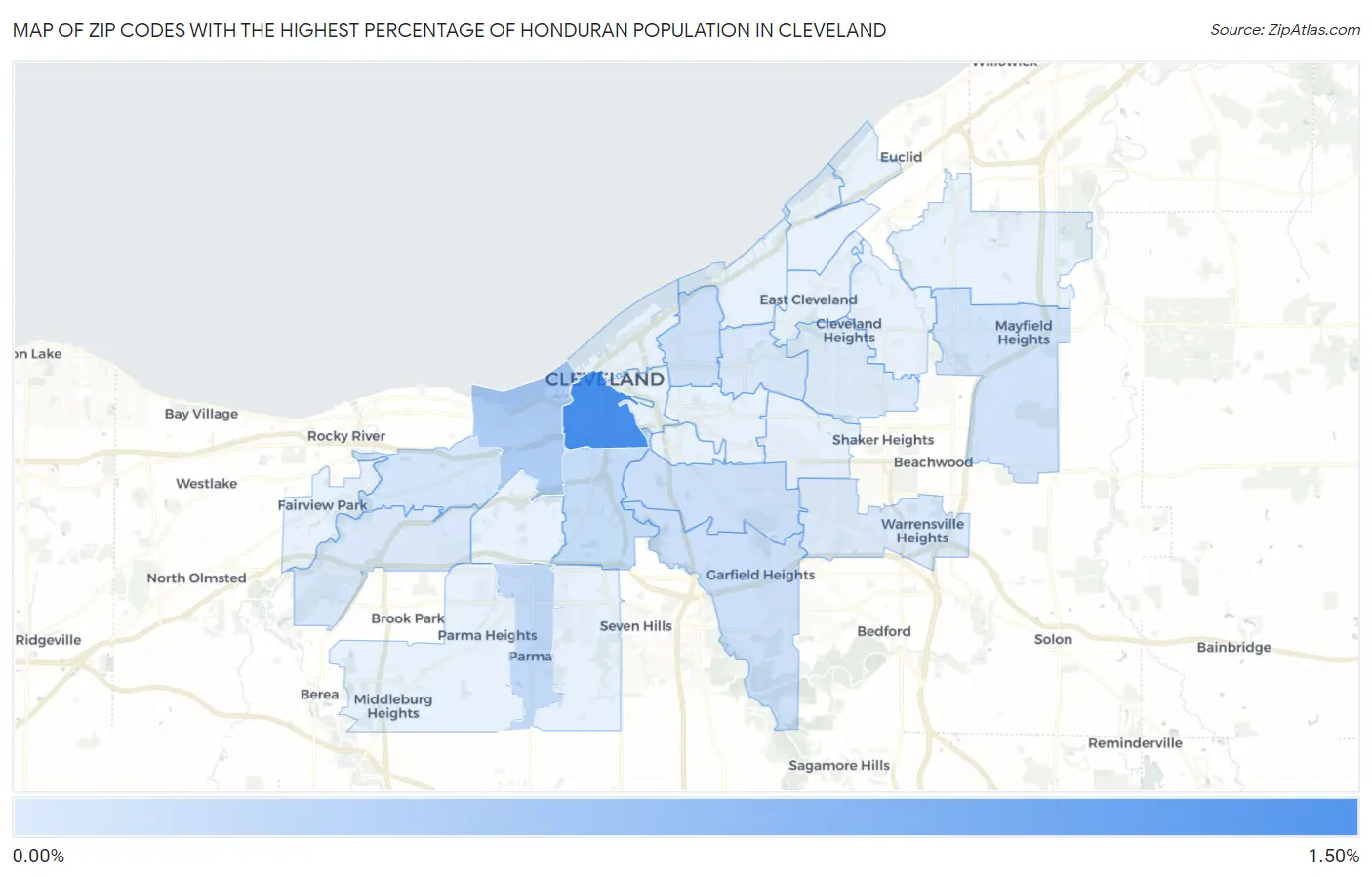 Zip Codes with the Highest Percentage of Honduran Population in Cleveland Map