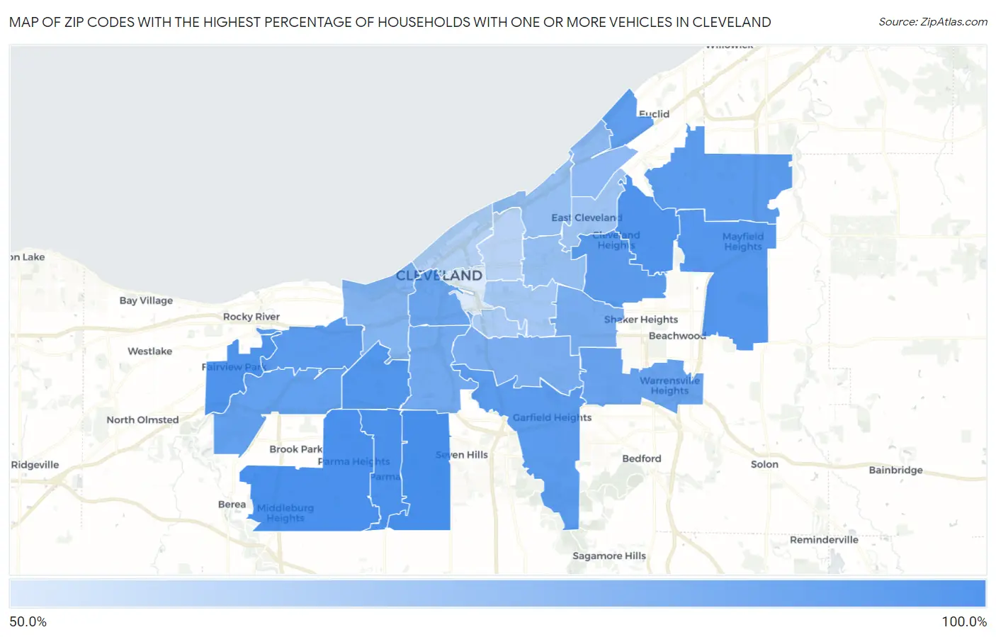 Zip Codes with the Highest Percentage of Households With One or more Vehicles in Cleveland Map