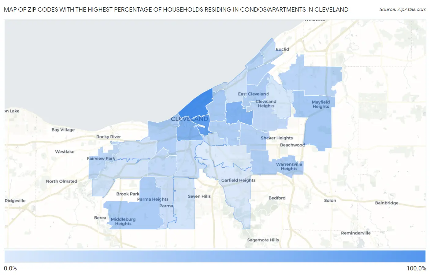 Zip Codes with the Highest Percentage of Households Residing in Condos/Apartments in Cleveland Map