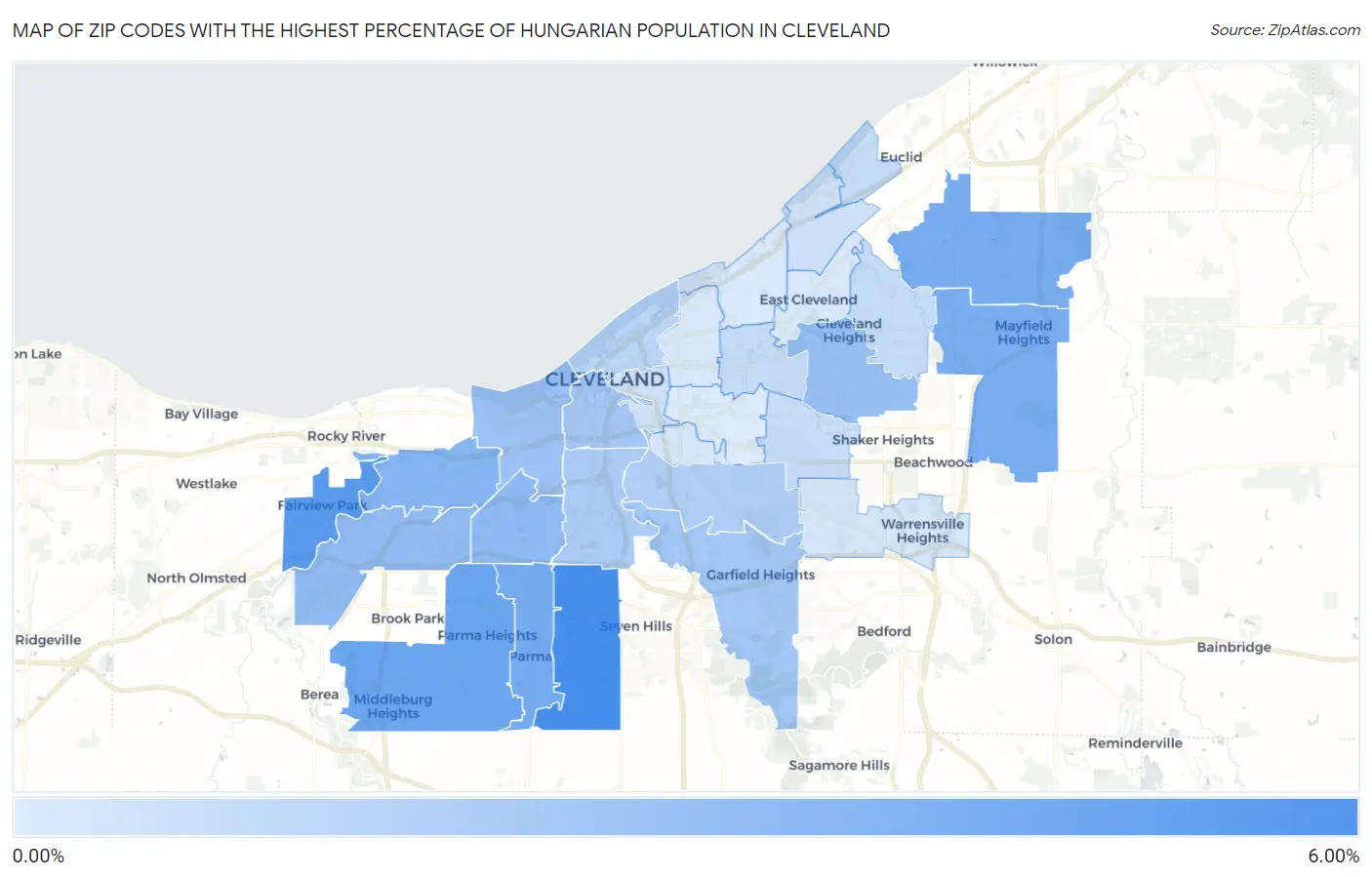 Zip Codes with the Highest Percentage of Hungarian Population in Cleveland Map