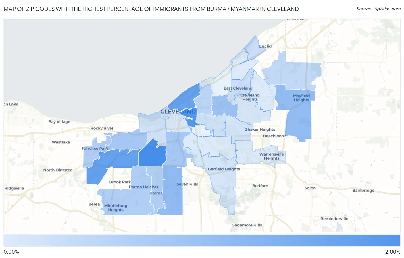 Zip Codes with the Highest Percentage of Immigrants from Burma / Myanmar in Cleveland Map