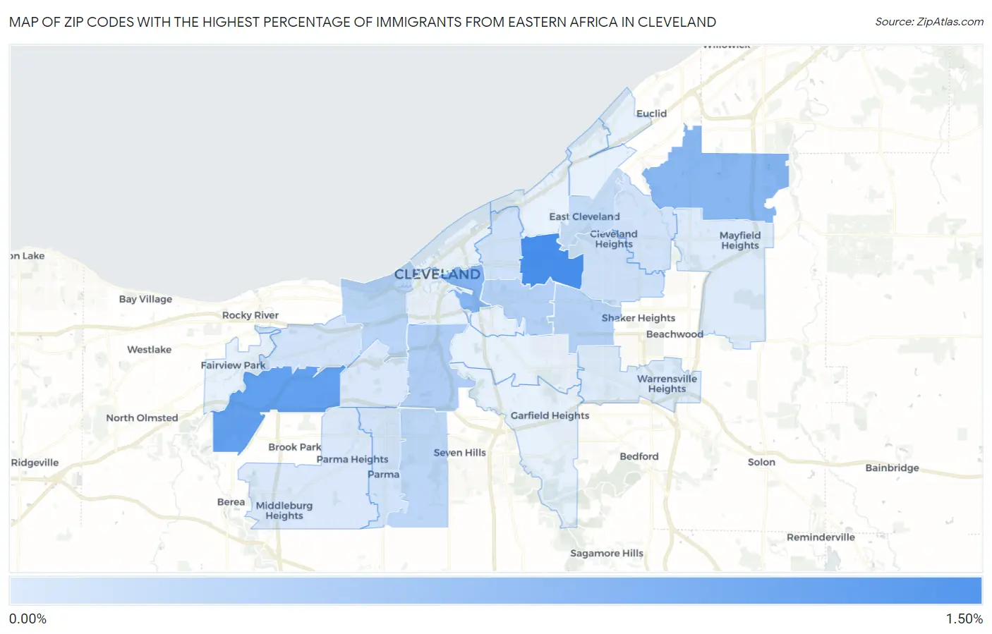 Zip Codes with the Highest Percentage of Immigrants from Eastern Africa in Cleveland Map