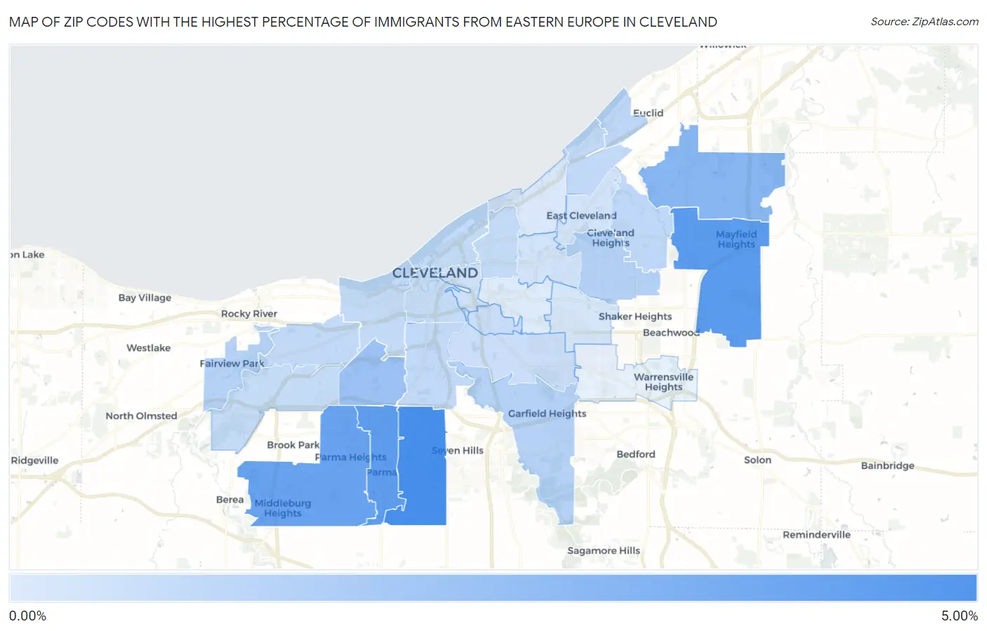 Zip Codes with the Highest Percentage of Immigrants from Eastern Europe in Cleveland Map