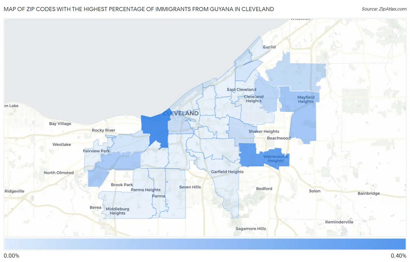 Zip Codes with the Highest Percentage of Immigrants from Guyana in Cleveland Map