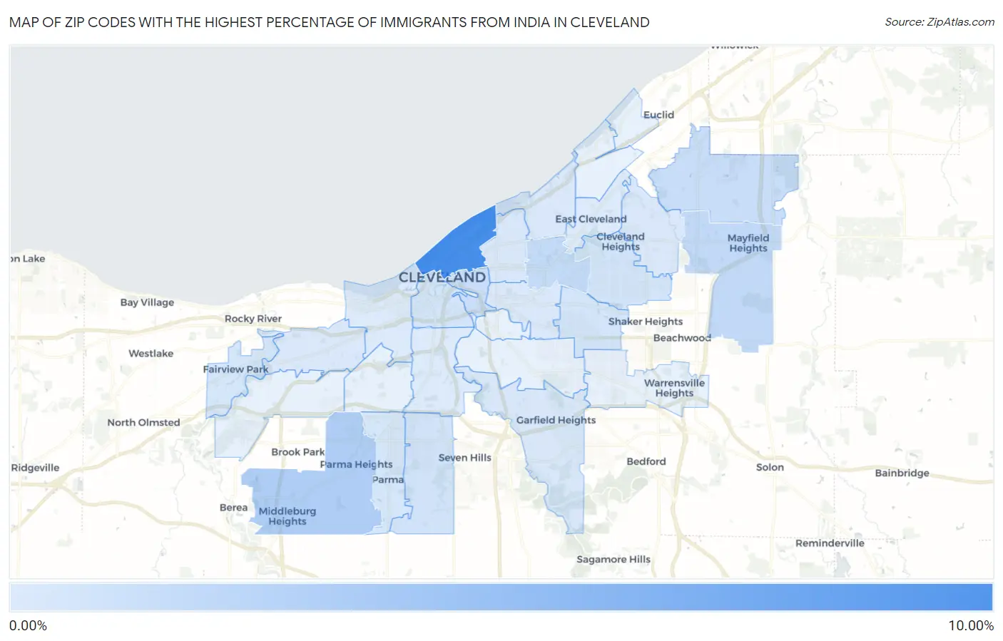 Zip Codes with the Highest Percentage of Immigrants from India in Cleveland Map