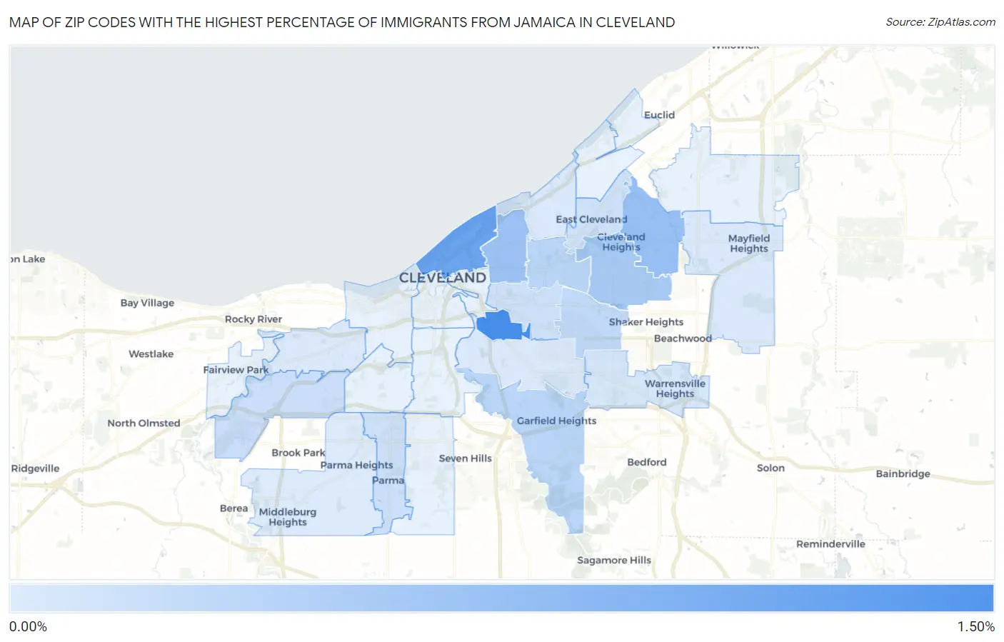 Zip Codes with the Highest Percentage of Immigrants from Jamaica in Cleveland Map
