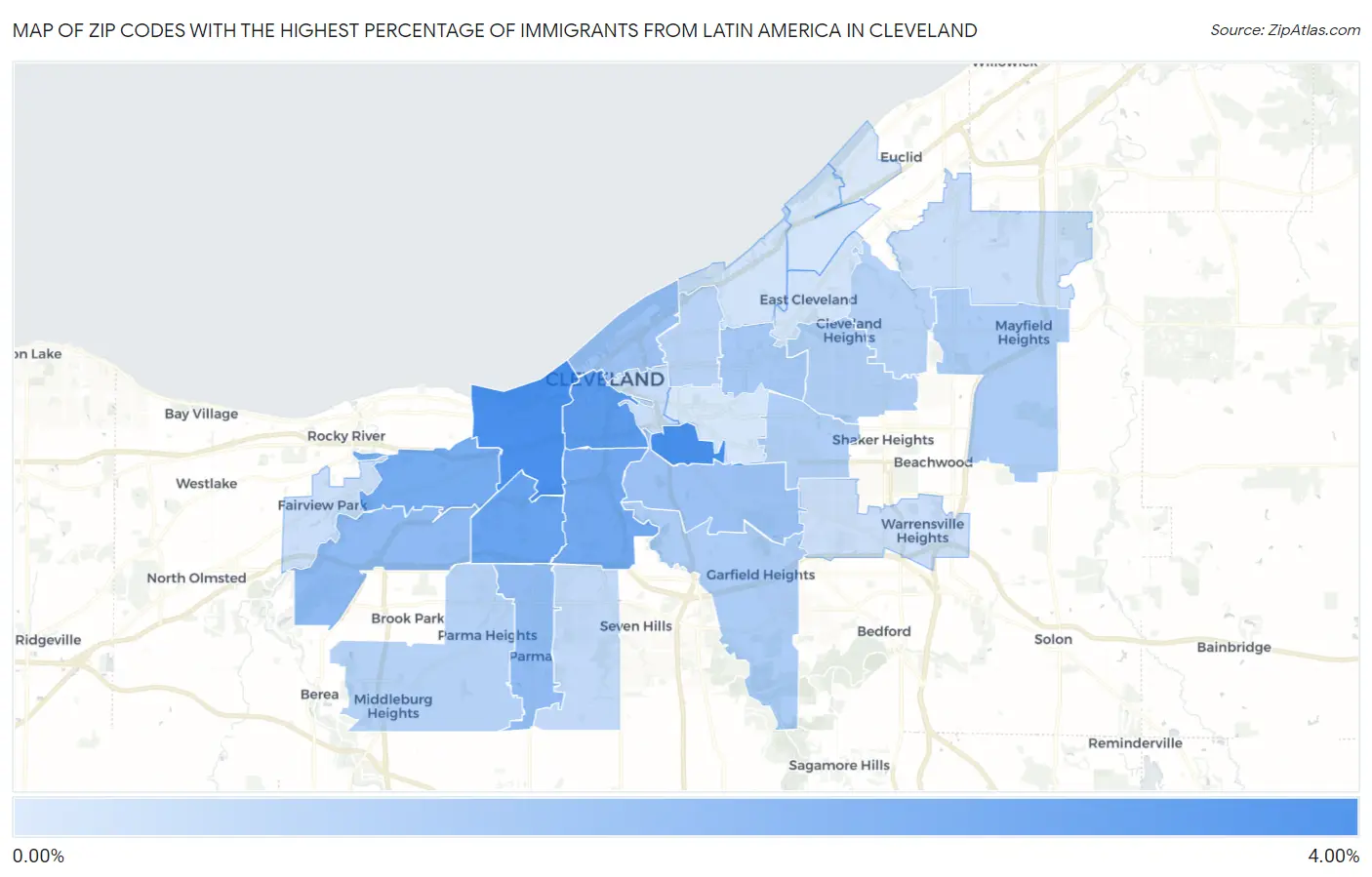Zip Codes with the Highest Percentage of Immigrants from Latin America in Cleveland Map