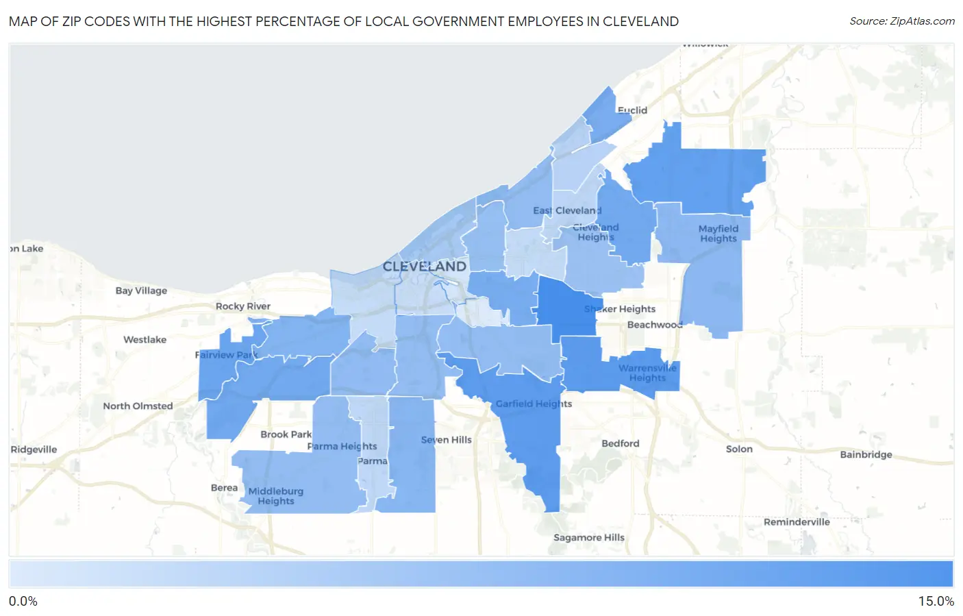 Zip Codes with the Highest Percentage of Local Government Employees in Cleveland Map