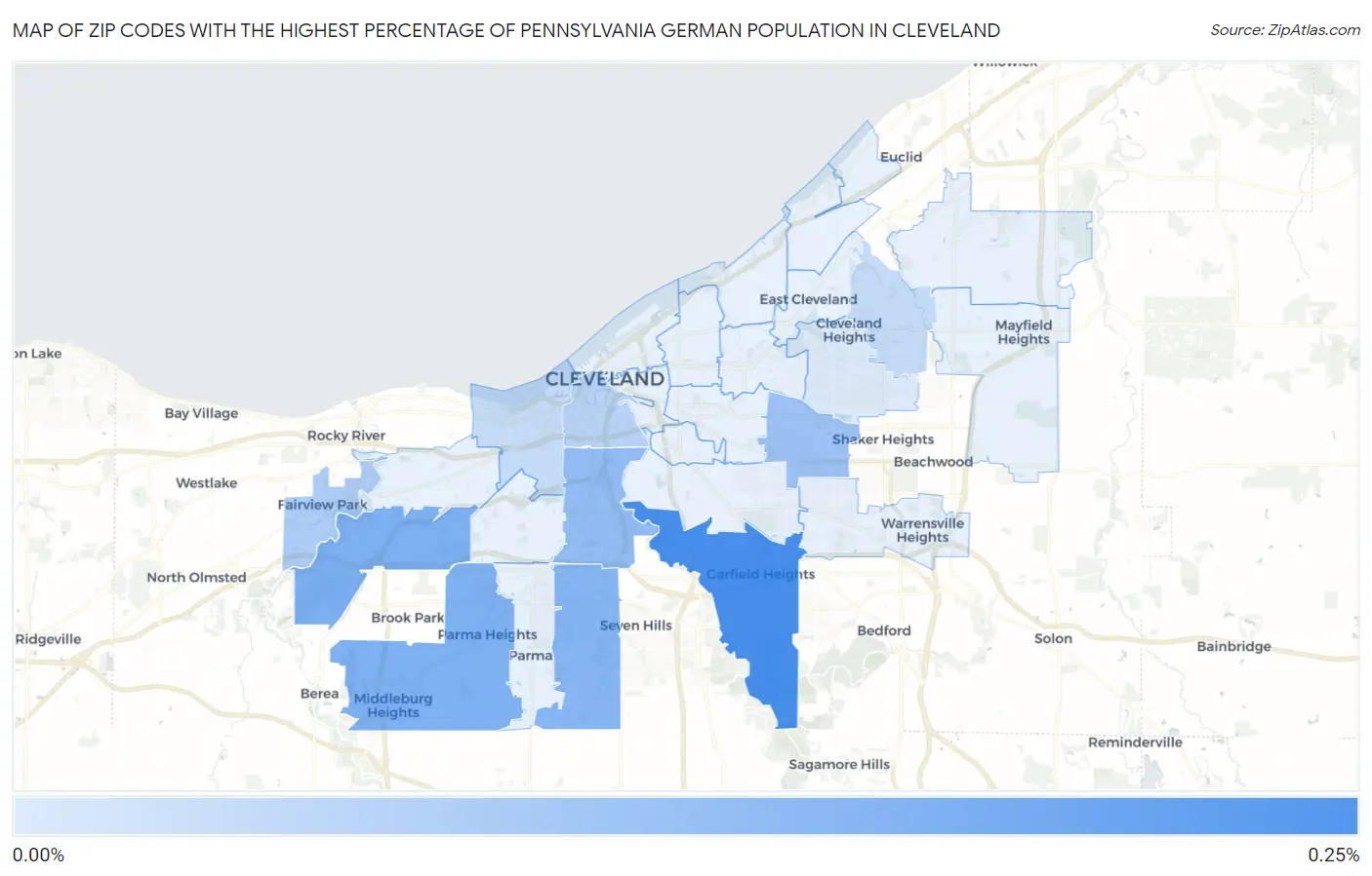 Zip Codes with the Highest Percentage of Pennsylvania German Population in Cleveland Map