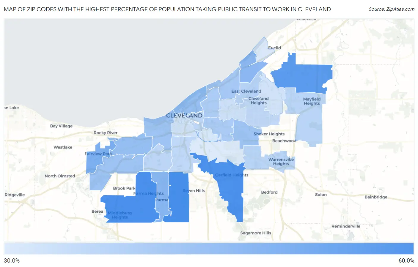 Zip Codes with the Highest Percentage of Population Taking Public Transit to Work in Cleveland Map