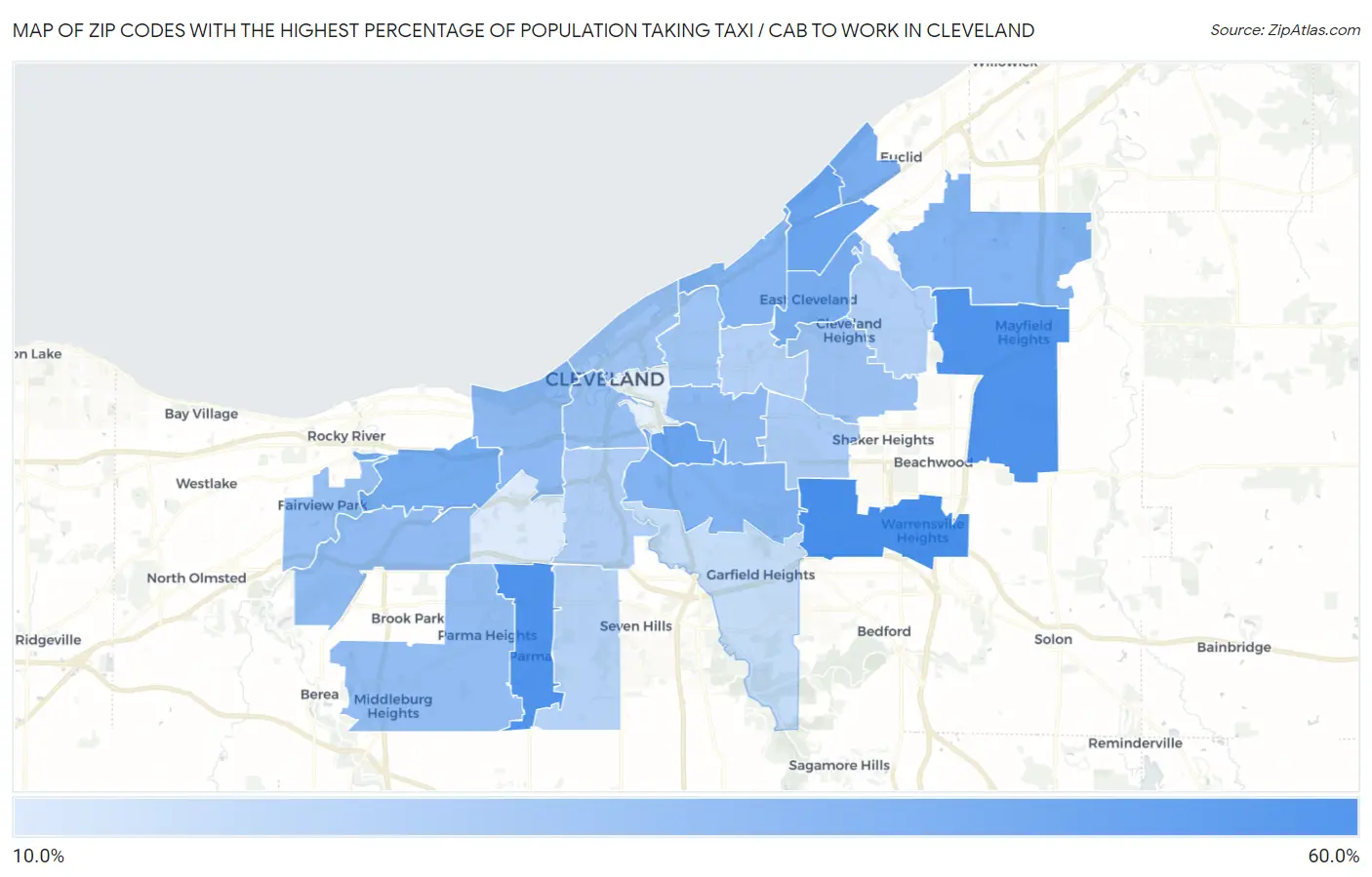 Zip Codes with the Highest Percentage of Population Taking Taxi / Cab to Work in Cleveland Map
