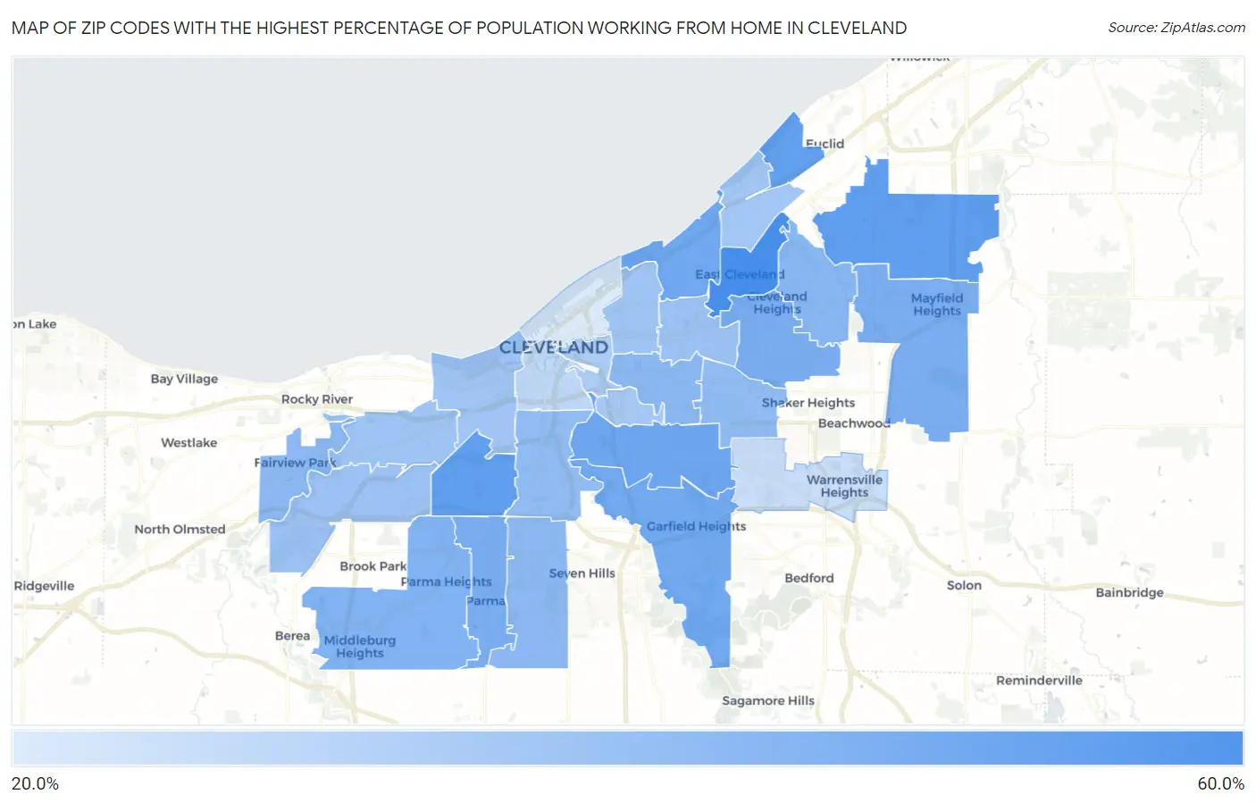 Zip Codes with the Highest Percentage of Population Working from Home in Cleveland Map