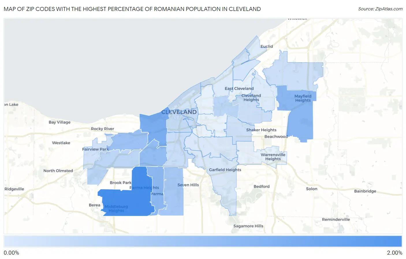 Zip Codes with the Highest Percentage of Romanian Population in Cleveland Map