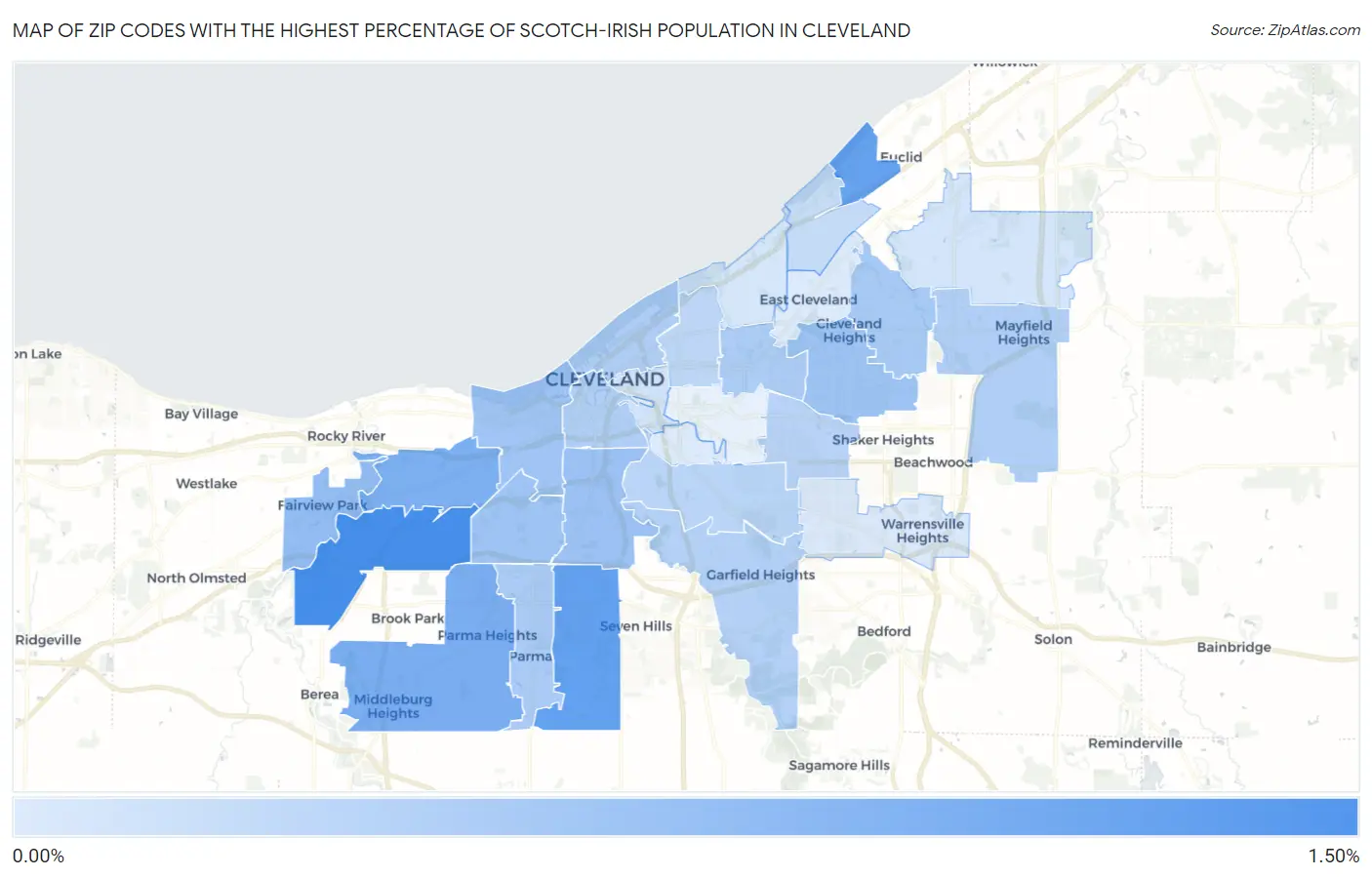 Zip Codes with the Highest Percentage of Scotch-Irish Population in Cleveland Map