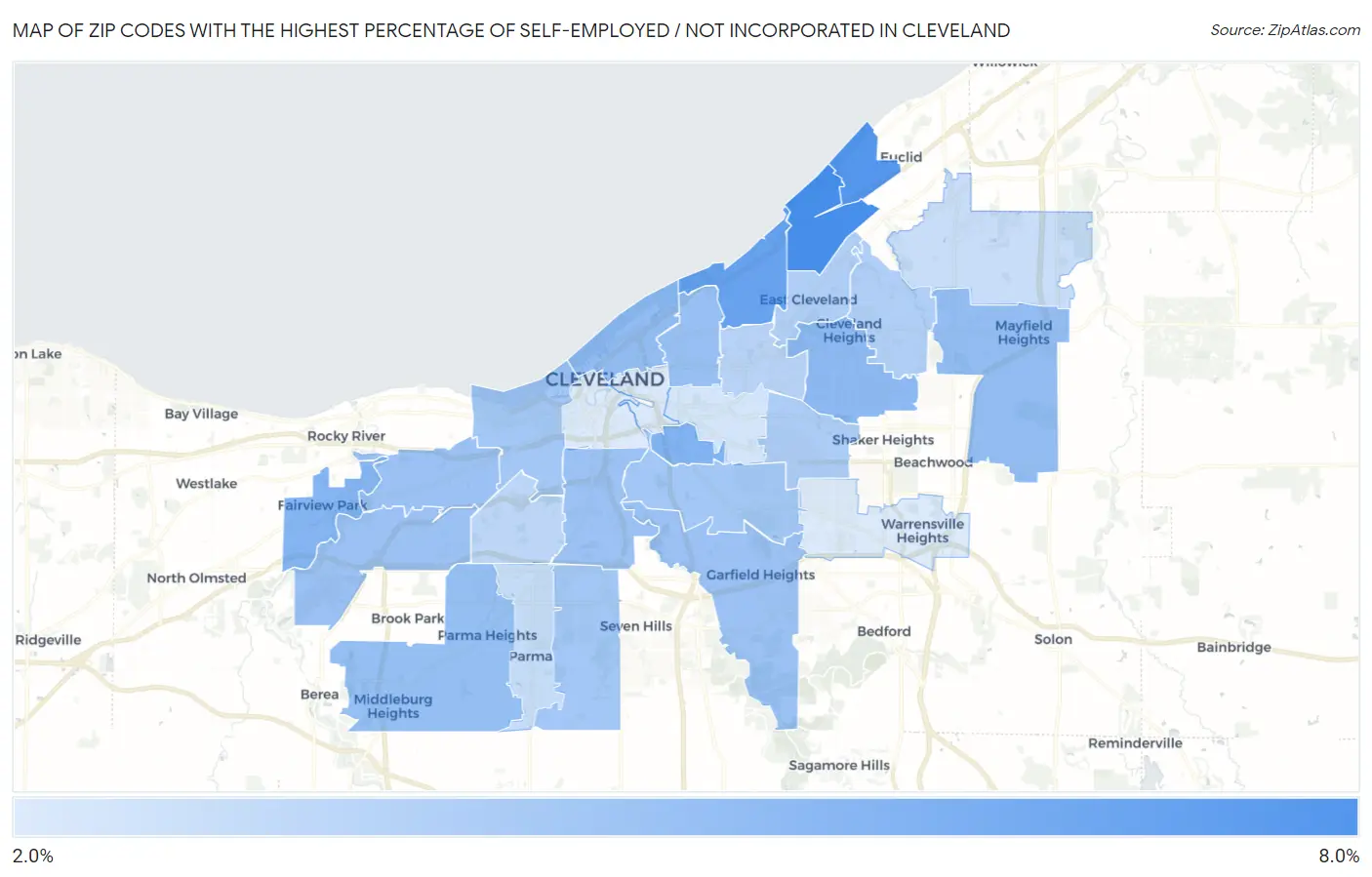 Zip Codes with the Highest Percentage of Self-Employed / Not Incorporated in Cleveland Map