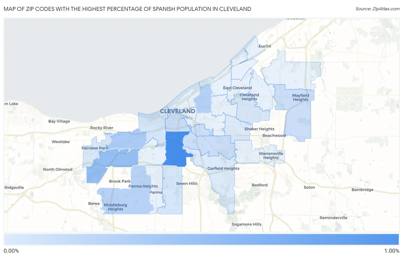Zip Codes with the Highest Percentage of Spanish Population in Cleveland Map