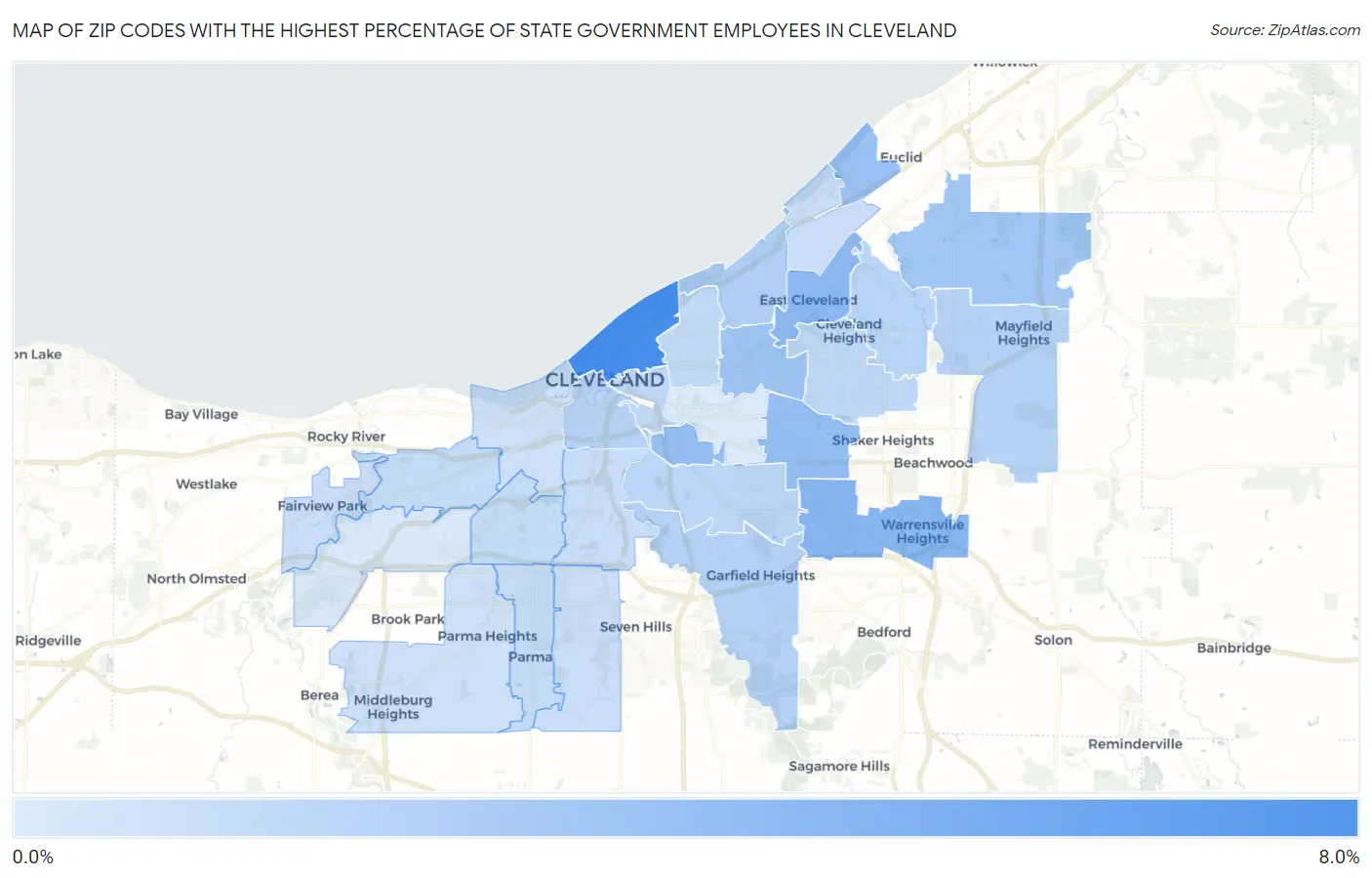 Zip Codes with the Highest Percentage of State Government Employees in Cleveland Map
