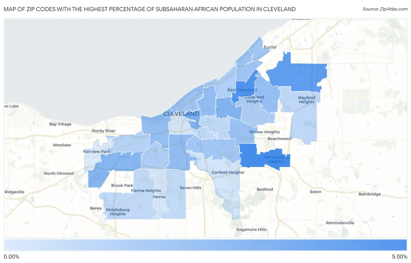 Zip Codes with the Highest Percentage of Subsaharan African Population in Cleveland Map