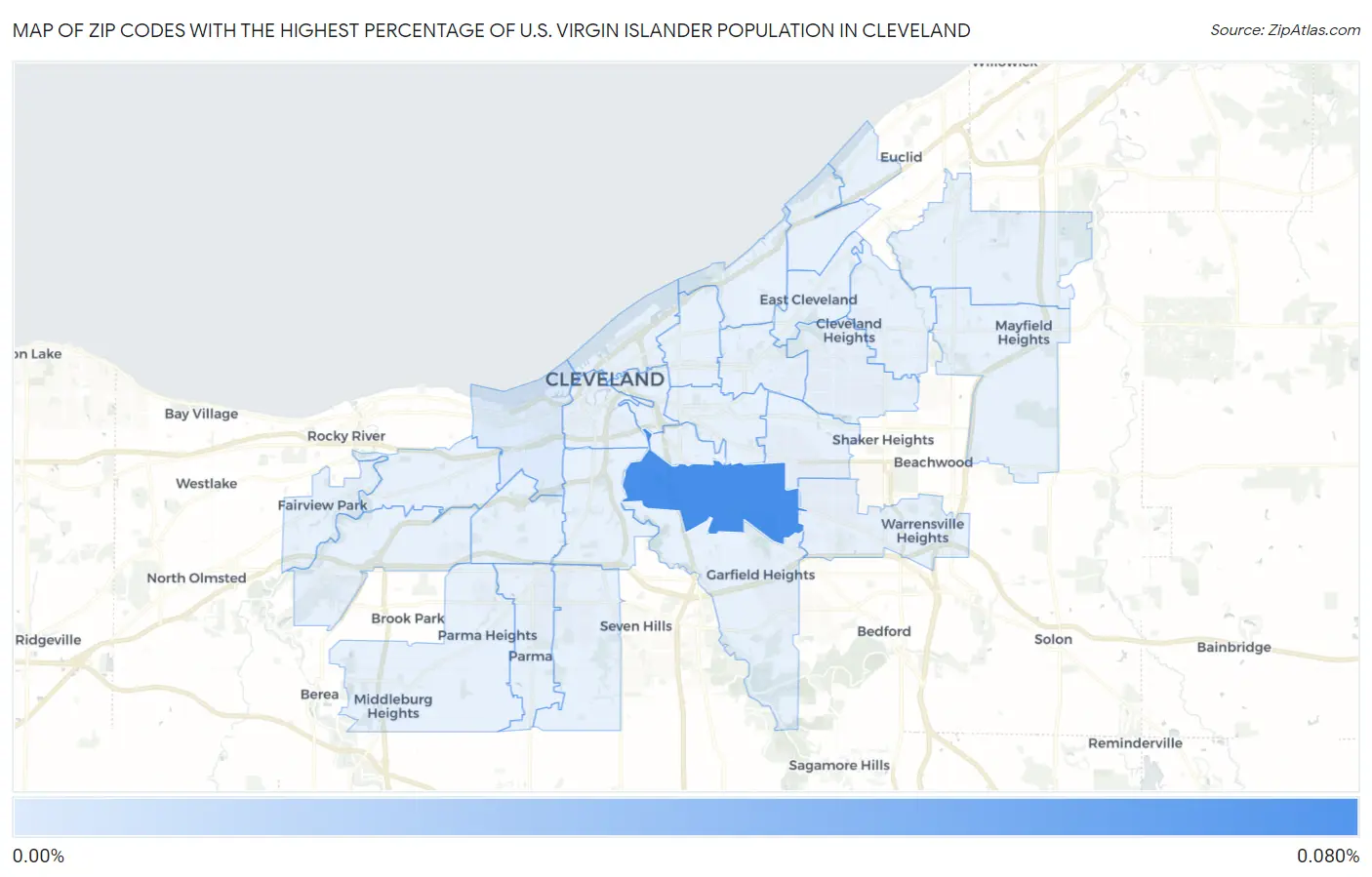 Zip Codes with the Highest Percentage of U.S. Virgin Islander Population in Cleveland Map
