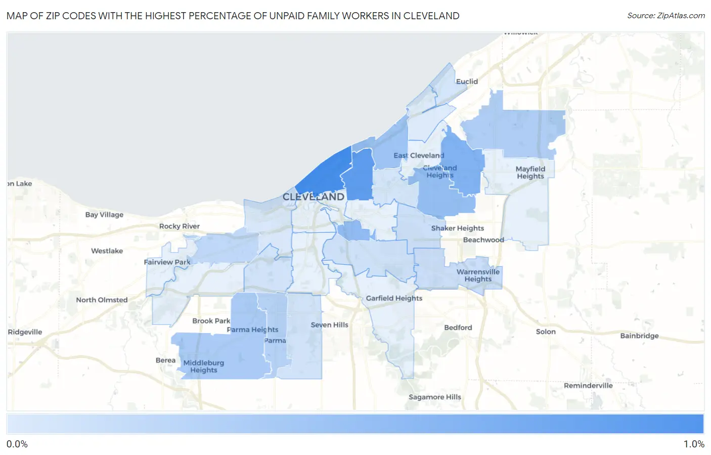 Zip Codes with the Highest Percentage of Unpaid Family Workers in Cleveland Map