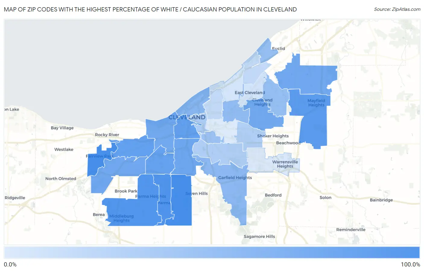 Zip Codes with the Highest Percentage of White / Caucasian Population in Cleveland Map