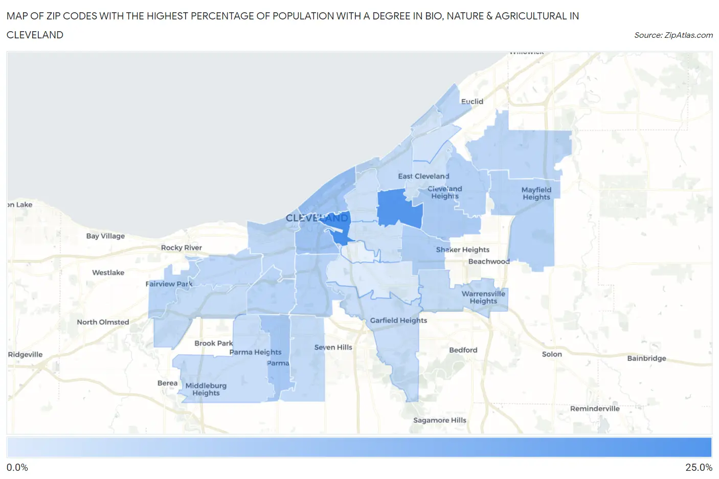 Zip Codes with the Highest Percentage of Population with a Degree in Bio, Nature & Agricultural in Cleveland Map
