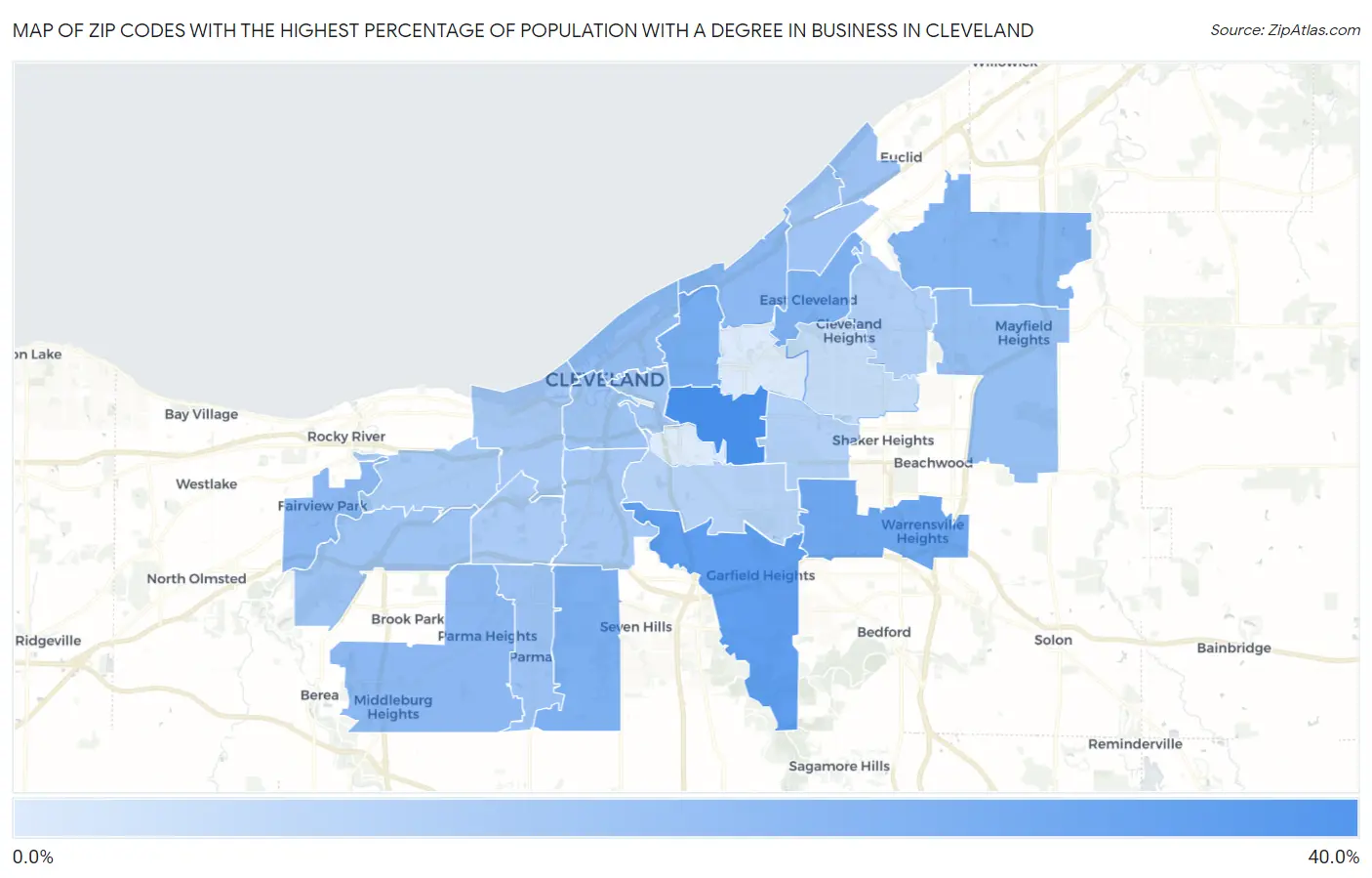 Zip Codes with the Highest Percentage of Population with a Degree in Business in Cleveland Map