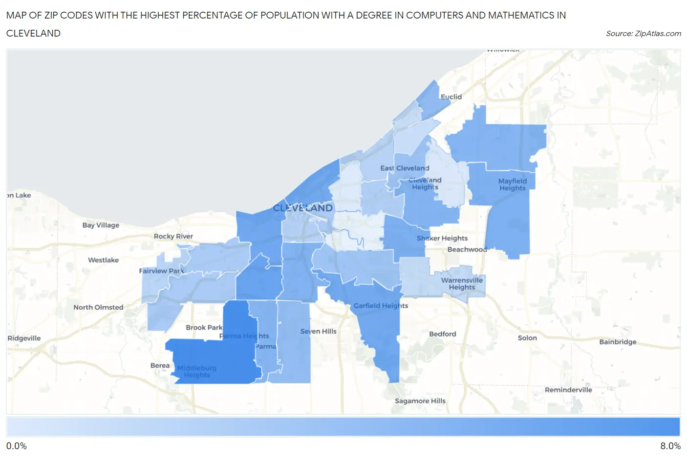 Zip Codes with the Highest Percentage of Population with a Degree in Computers and Mathematics in Cleveland Map