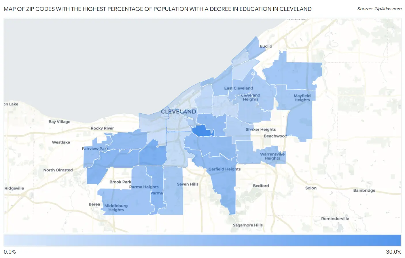 Zip Codes with the Highest Percentage of Population with a Degree in Education in Cleveland Map