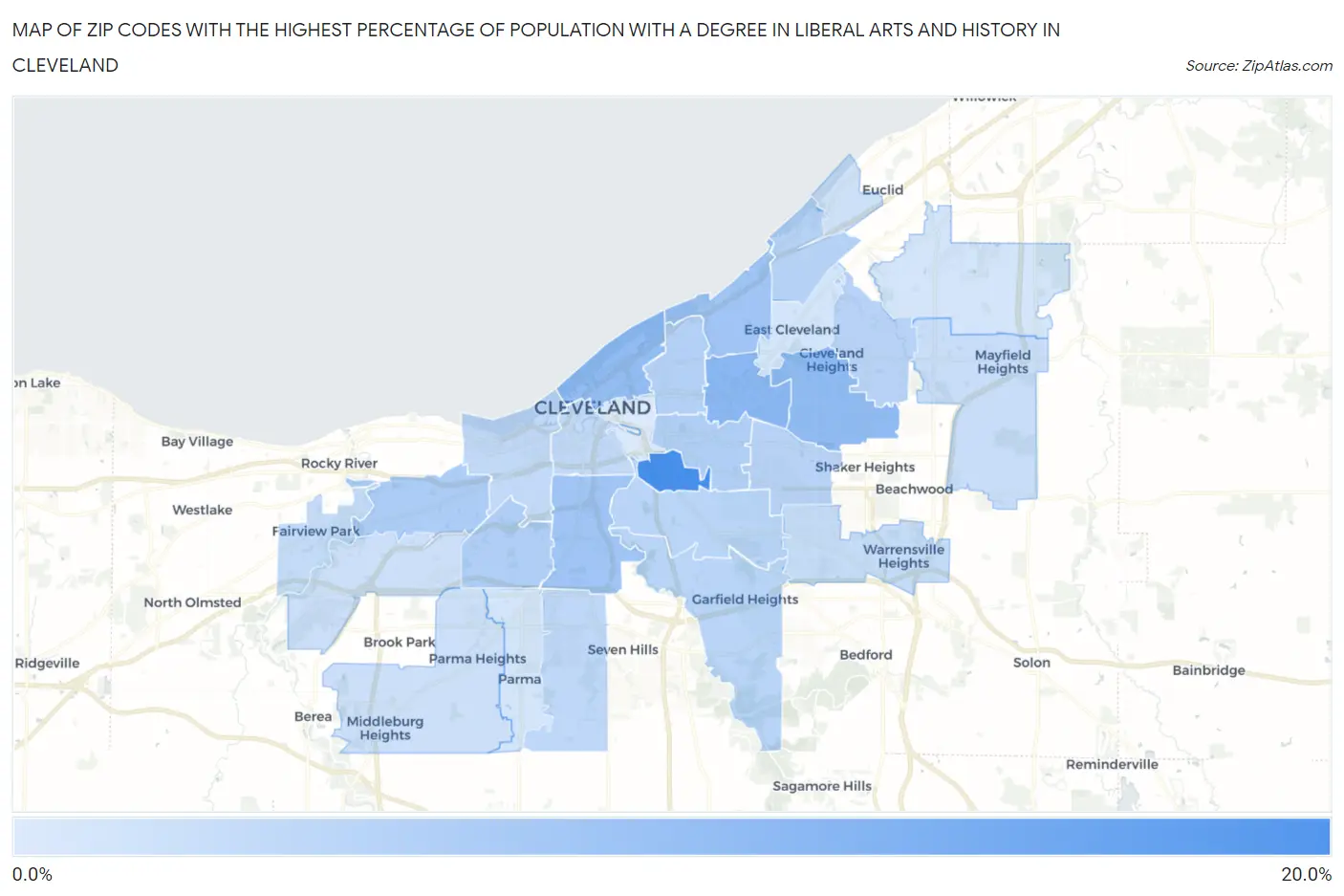 Zip Codes with the Highest Percentage of Population with a Degree in Liberal Arts and History in Cleveland Map