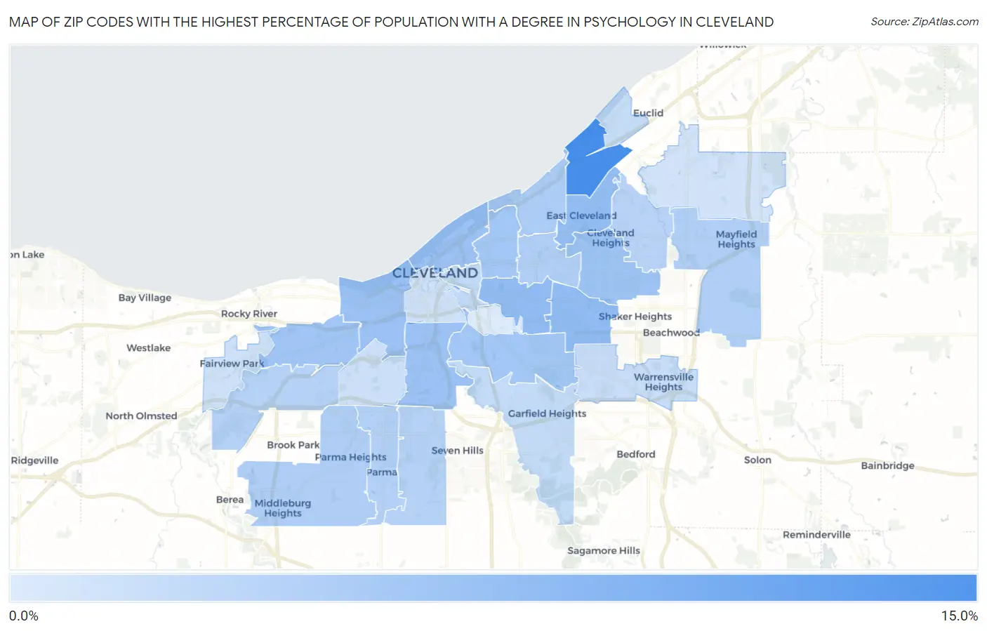Zip Codes with the Highest Percentage of Population with a Degree in Psychology in Cleveland Map