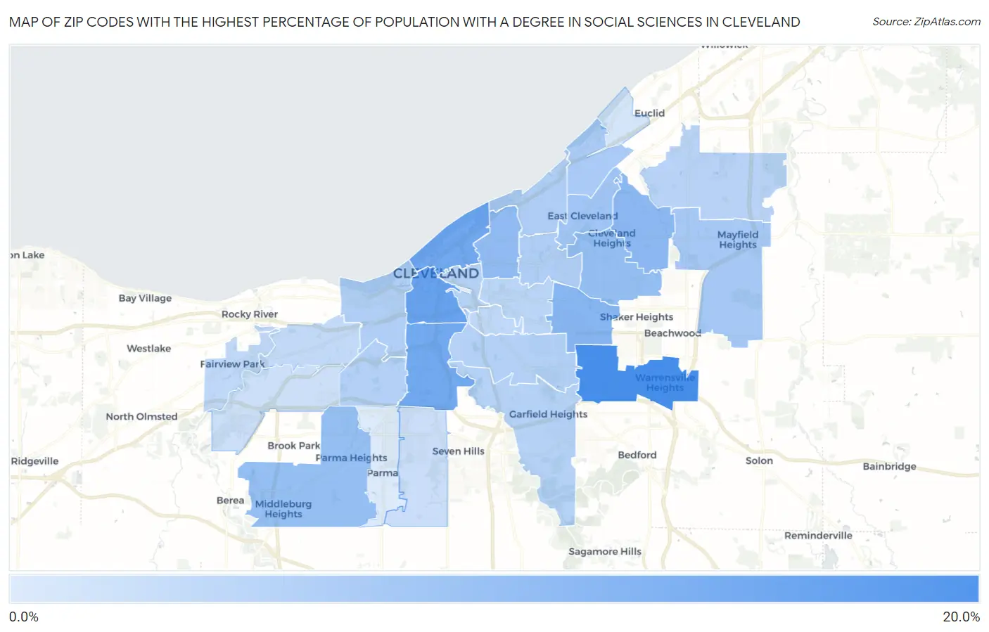 Zip Codes with the Highest Percentage of Population with a Degree in Social Sciences in Cleveland Map