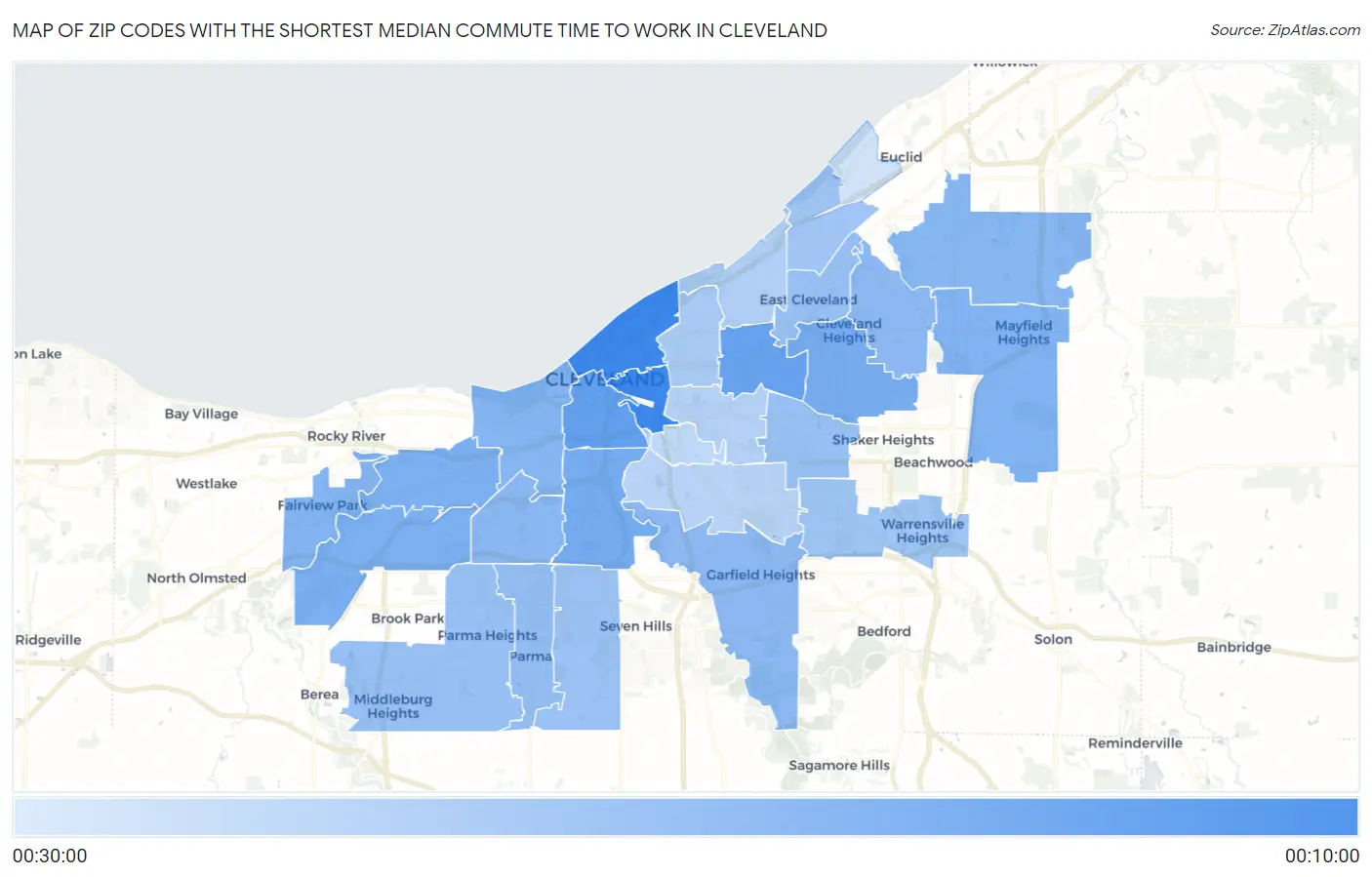 Zip Codes with the Shortest Median Commute Time to Work in Cleveland Map
