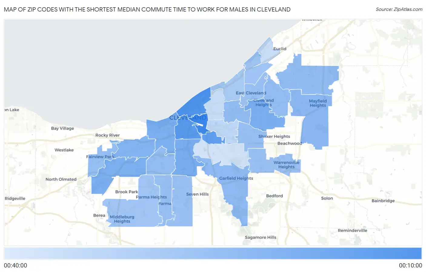 Zip Codes with the Shortest Median Commute Time to Work for Males in Cleveland Map