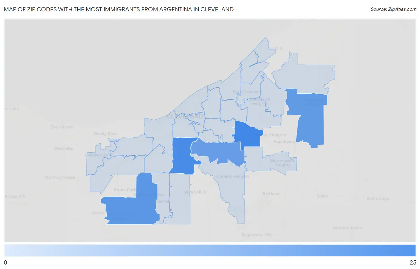 Zip Codes with the Most Immigrants from Argentina in Cleveland Map