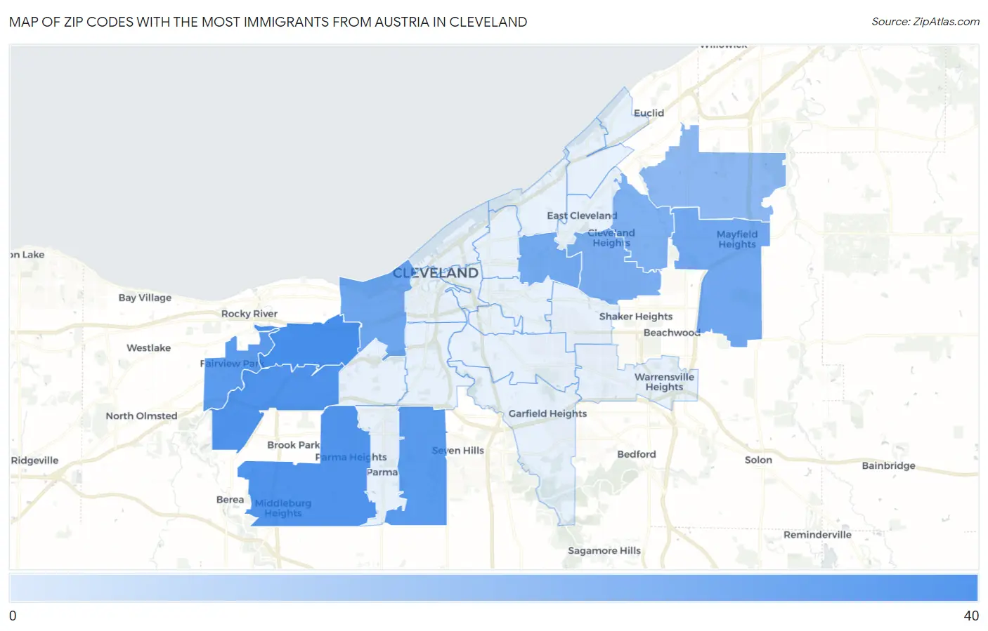 Zip Codes with the Most Immigrants from Austria in Cleveland Map