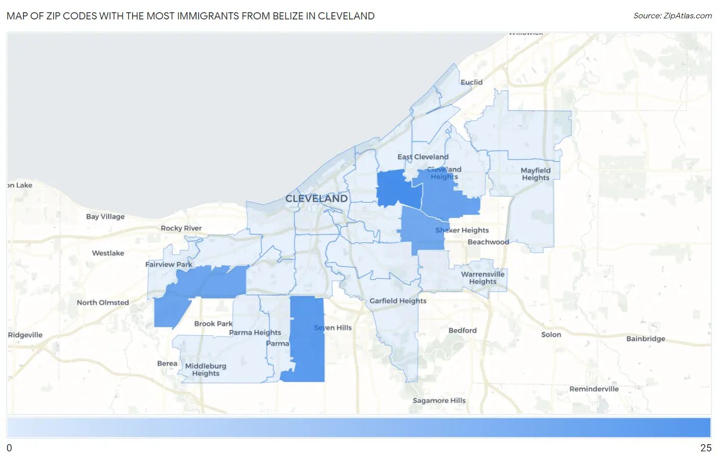 Zip Codes with the Most Immigrants from Belize in Cleveland Map