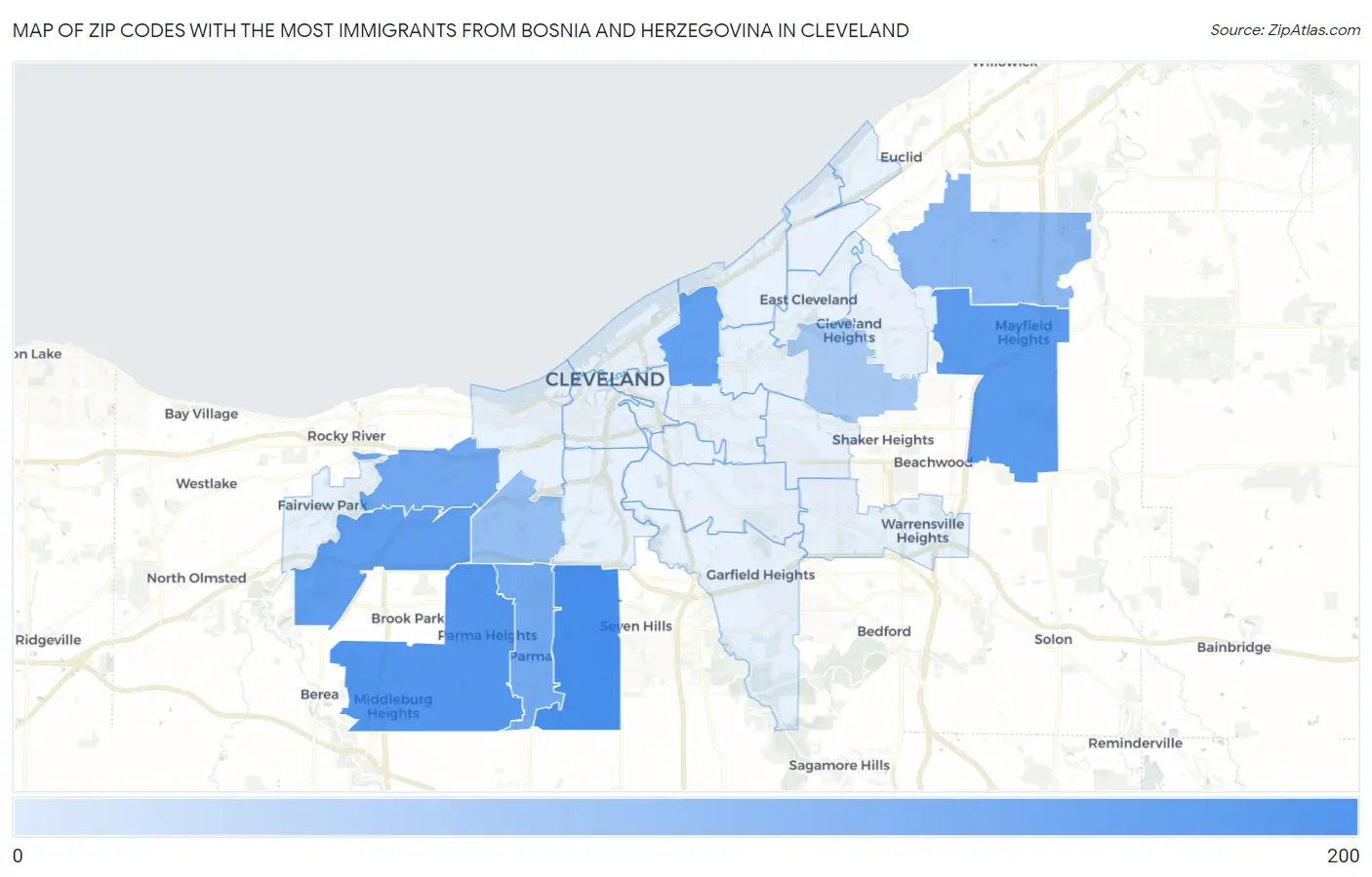 Zip Codes with the Most Immigrants from Bosnia and Herzegovina in Cleveland Map