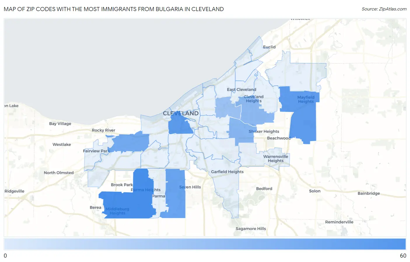 Zip Codes with the Most Immigrants from Bulgaria in Cleveland Map