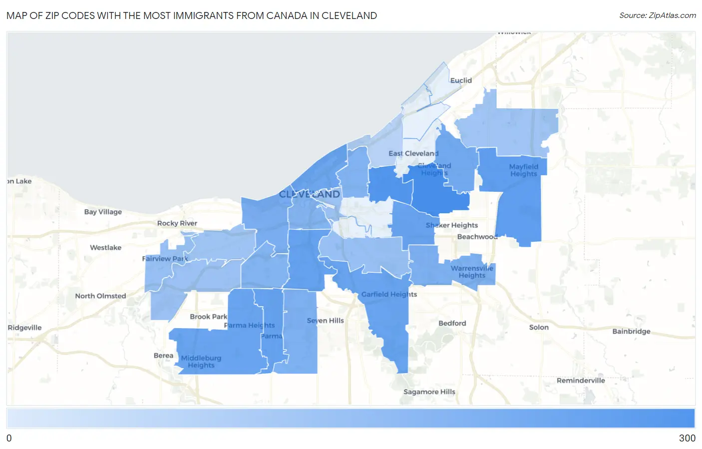 Zip Codes with the Most Immigrants from Canada in Cleveland Map
