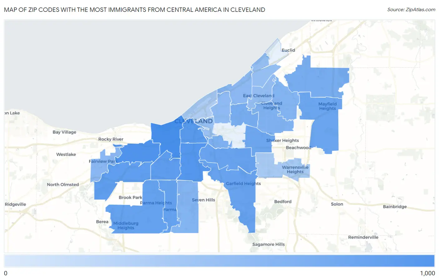 Zip Codes with the Most Immigrants from Central America in Cleveland Map