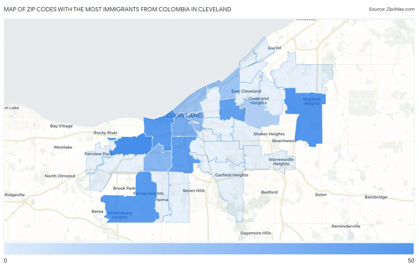 Zip Codes with the Most Immigrants from Colombia in Cleveland Map