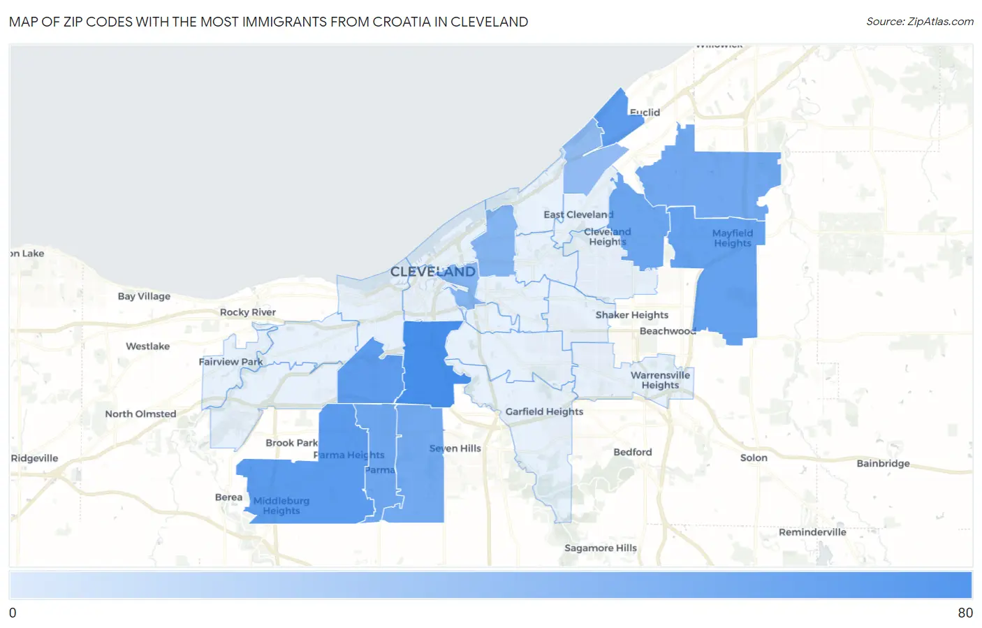 Zip Codes with the Most Immigrants from Croatia in Cleveland Map