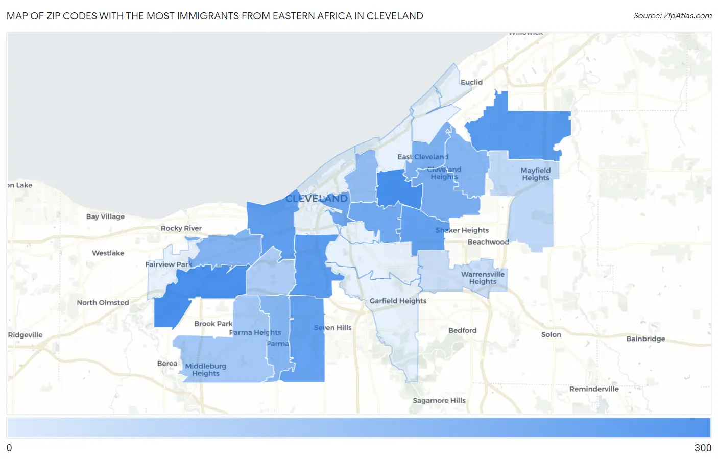 Zip Codes with the Most Immigrants from Eastern Africa in Cleveland Map