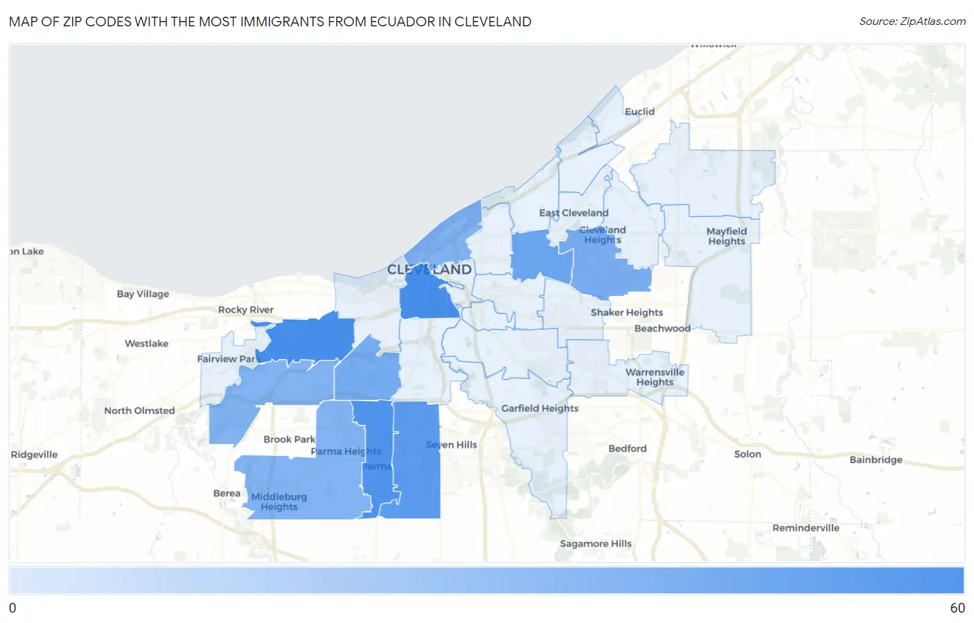 Zip Codes with the Most Immigrants from Ecuador in Cleveland Map